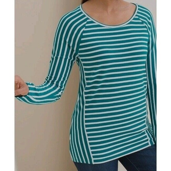 Chico's‎ Green/White Asymmetrical Striped Long Sleeve Ponte Top Size Med 1 - Picture 2 of 8